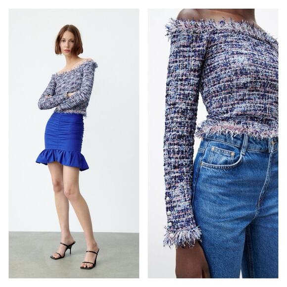 NWT ZARA Frayed Tweed Off the Shoulder Frayed Top S Blue - Picture 1 of 9